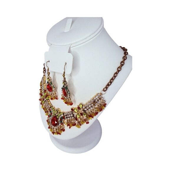 Indian Statement Crystal Necklace & Earrings Set Red Green Gold-Tone Bridal - Picture 3 of 16